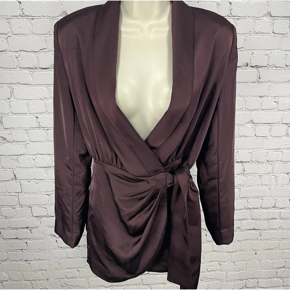 Misha Purple Azera Port Silky Wrap Long Sleeve Shoulder Pads Blouse Top Small S